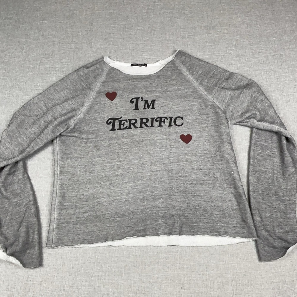 Wildfox T-Shirt Womens M Gray Crew Neck Long Sleeve Fleece I'm Terrific Hearts